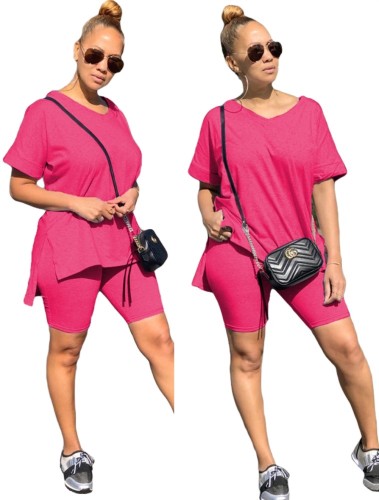 Hot Pink Slit Sides High Low Hem Top & Shorts