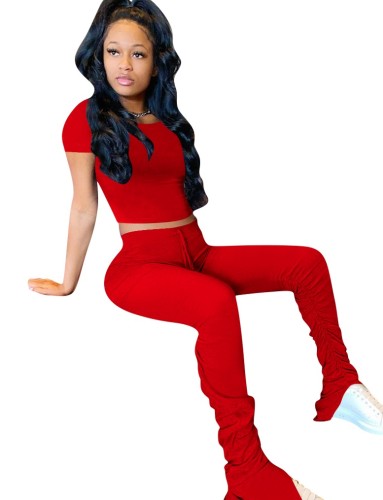 Red Two Piece Ruched Pants Set