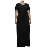 Plus Size Black Knot Button Up Top & Maxi Skirt Set