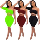 Burgundy One Shoulder Cut Out Two Piece Skirt Set