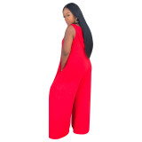 Hooded Red Sleeveless Wide Leg Casual Jumpsuit