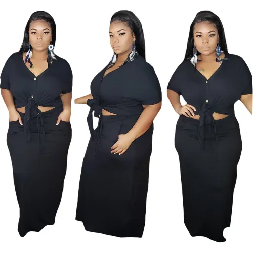 Plus Size Black Knot Button Up Top & Maxi Skirt Set