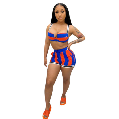 Blue & Orange Striped Bra Top & Shorts Set