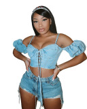 Light Blue Lace Up Puff Sleeve Straps Denim Crop Top