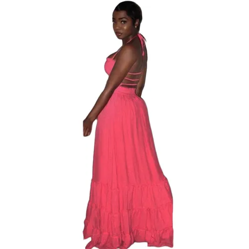 Coral Halter Shirred Bodice Ruffle Maxi Dress