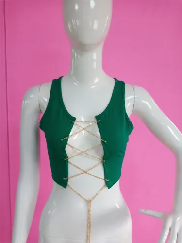 Dark Green Metal Chain Sexy Club Crop Top