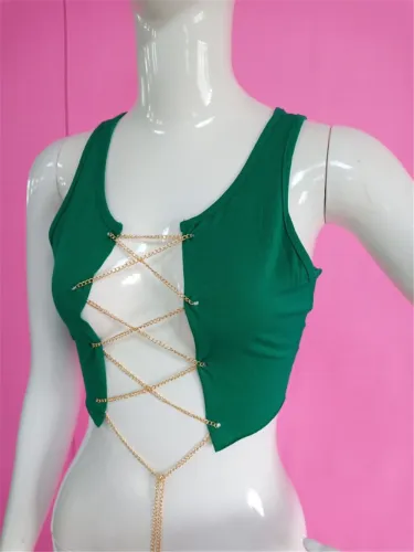 Dark Green Metal Chain Sexy Club Crop Top