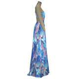 Blue Printed Cut Out Halter Sexy Maxi Dress