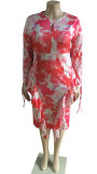 Floral Ruffle Trim Drawstring Sleeve Bodycon Dress