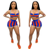Blue & Orange Striped Bra Top & Shorts Set