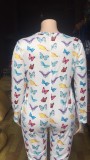 Plus Size Butterfly Print Cozy V Neck Jumpsuit