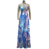 Blue Printed Cut Out Halter Sexy Maxi Dress
