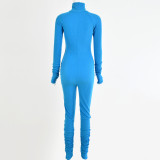 Blue Thumb Hole Zip Up Ruched Sporty Jumpsuit