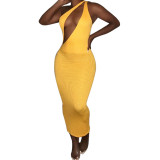 Cut Out Yellow Ribbed One Shoulder Bodycon Long Dress