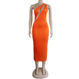One Shoulder Orange Ribbed Cut Out Bodycon Long Dress