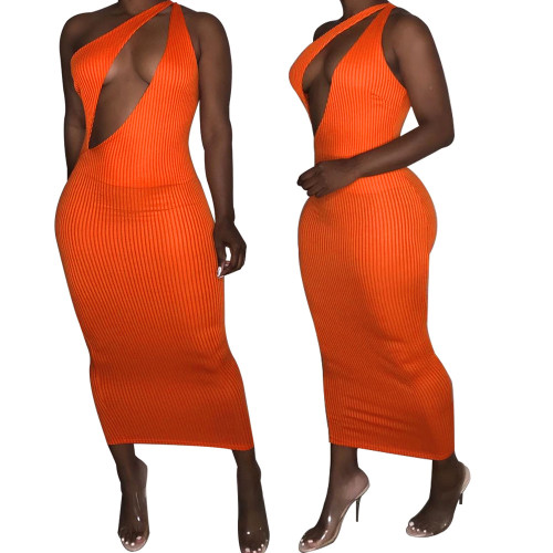 One Shoulder Orange Ribbed Cut Out Bodycon Long Dress