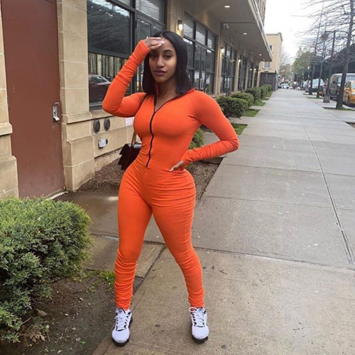 Orange Thumb Hole Zip Up Ruched Sporty Jumpsuit