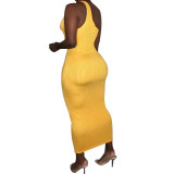 Cut Out Yellow Ribbed One Shoulder Bodycon Long Dress