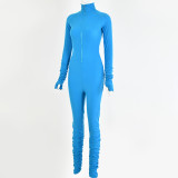 Blue Thumb Hole Zip Up Ruched Sporty Jumpsuit