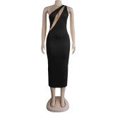 Black Cut Out Ribbed One Shoulder Bodycon Long Dress