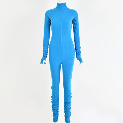 Blue Thumb Hole Zip Up Ruched Sporty Jumpsuit