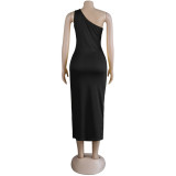 Black Cut Out Ribbed One Shoulder Bodycon Long Dress