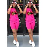 Hot Pink Casual Mouth Print Two Piece Shorts Set