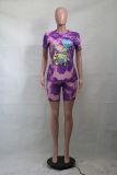 Purple Tie Dye Cartoon Leisure Top & Shorts Set