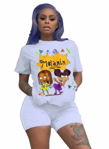 White Casual Cartoon Print Tee & Shorts