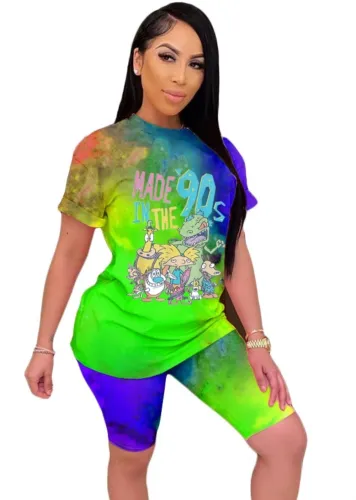Tie Dye Green Print Two Piece Shorts Set