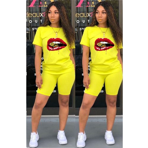 Yellow Casual Funny Mouth Two Piece Shorts Set