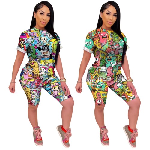 All Over Cartoon Print Two Piece Shorts Set