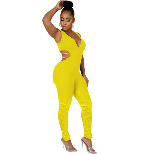 Yellow Ruched Strappy Back Cut Out Sexy Jumpsuit