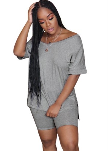 Gray V-Neck Solid Casual Top and Shorts Set