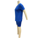 Blue Solid V-Neck Casual Top and Shorts Set