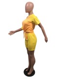Yellow and Orange Block Tie Sloping Shoulder Top & Shorts