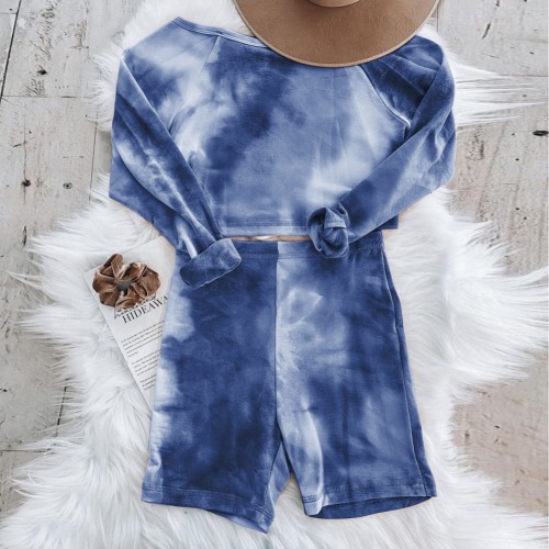 Blue Casual Tie Dye Sloping Shoulder Top & Shorts