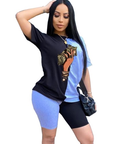 Black and Blue Block Print Two Piece Tee and Shorts