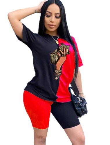 Red and Black Print Dollars Leisure Top & Shorts