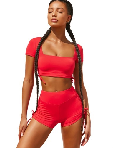 Red Square Collar Drawstring  Crop Top and Shorts