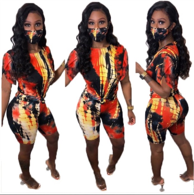 Tie Dye Orange Two Piece Shorts Set