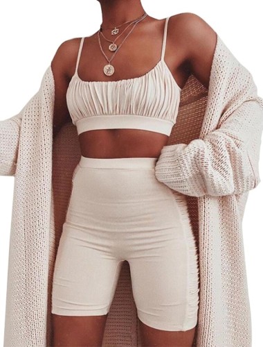 Beige Ruched Crop Cami Top And Shorts Set