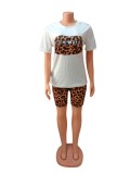 Brown Leopard Print Casual Tee with Shorts