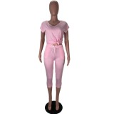 Pink V-Neck Pocket Two Piece Casual Pants Set