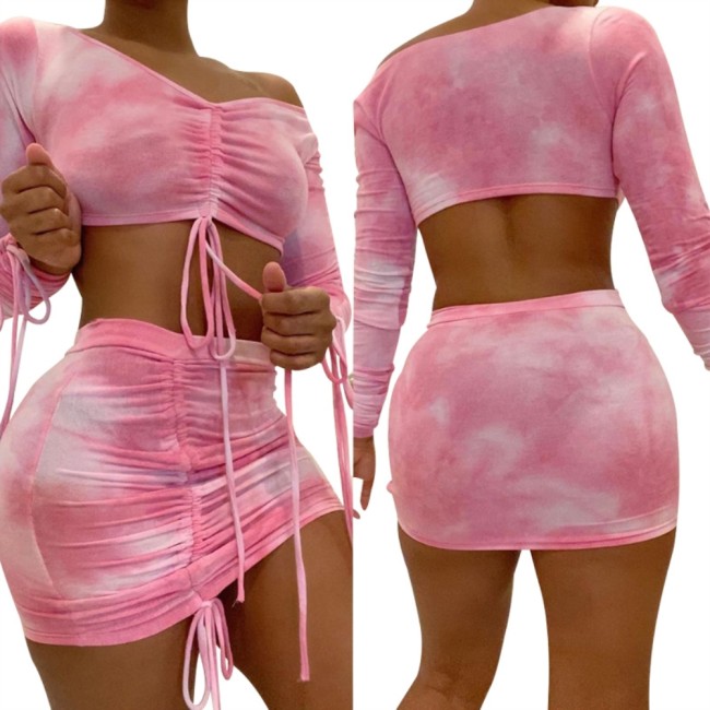 Pink Tie Dye Drawstring Sexy Ruched Top & Skirt