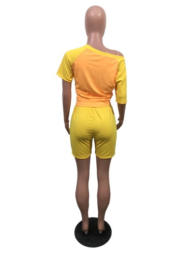 Yellow and Orange Block Tie Sloping Shoulder Top & Shorts