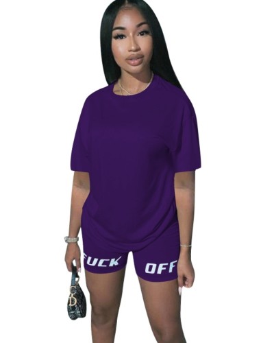Purple Leisure Tee Top and Print Shorts Set