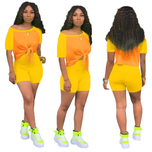 Yellow and Orange Block Tie Sloping Shoulder Top & Shorts