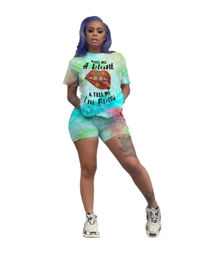 Tie Dye Green Print Tee Top and Shorts Set