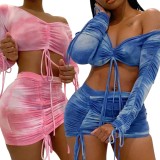 Blue Tie Dye Drawstring Two Piece Ruched Skirt Set
